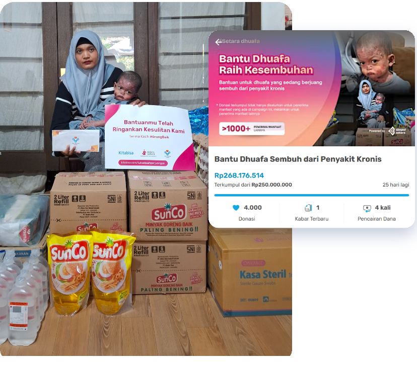 Penerima bantuan pendampingan medis bersama paket bantuan dan tampilan galang dana Bantu Dhuafa Sembuh dari Penyakit Kronis
