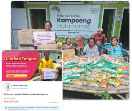 Penyaluran sembako di Rumah Lansia Kampoeng Halaman dan tampilan galang dana Ulurkan Tangan